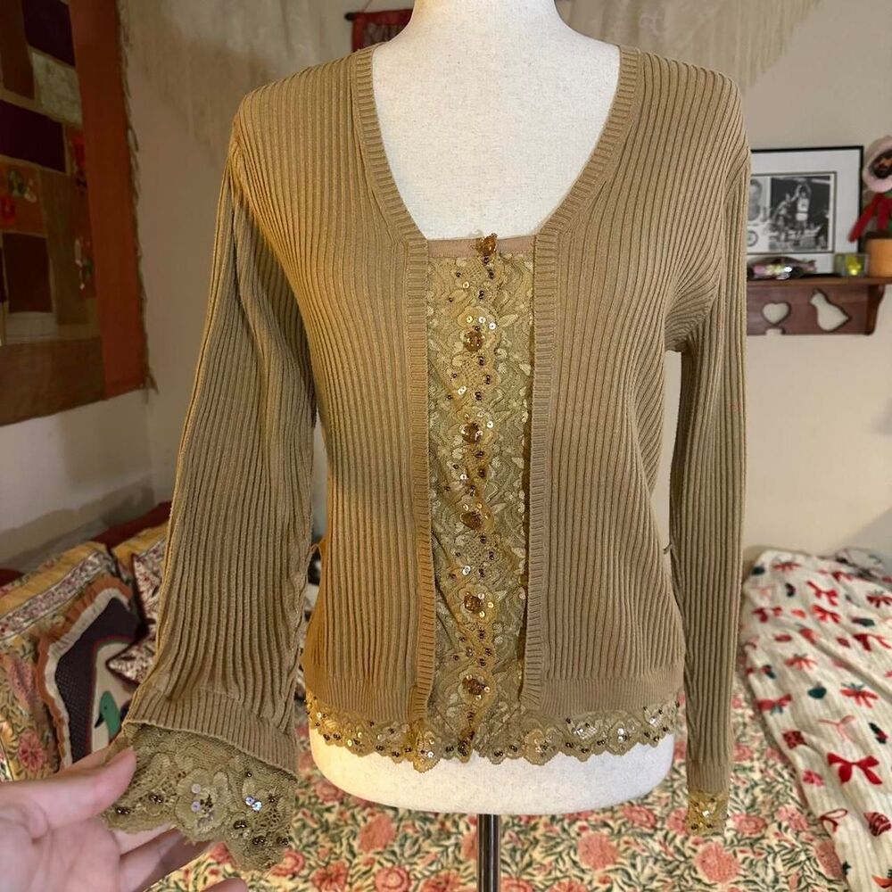 I.E. Australian Y2K Gold Lace Ribbed and Bejweled Cardigan